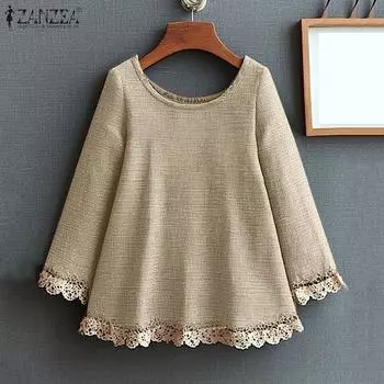 ZANZEA Женские повседневные блузки свободного кроя с U-образным вырезом и рукавами 3/4 и кружевным подолом L коричневый