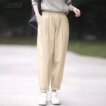 ZANZEA Женские повседневные брюки-шаровары с эластичным поясом и накладными карманами, однотонные M чёрный