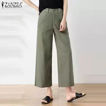 ZANZEA Женские повседневные брюки со средней талией, прямые брюки с девятью точками 4XL темно-синий