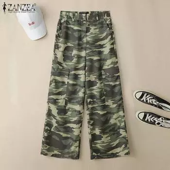 ZANZEA Женские повседневные брюки свободного покроя с высокой талией и камуфляжным принтом S армия зеленый