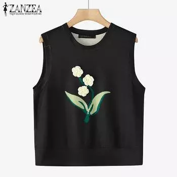 ZANZEA Женские повседневные цветочные летние топы без рукавов с круглым вырезом S чёрный