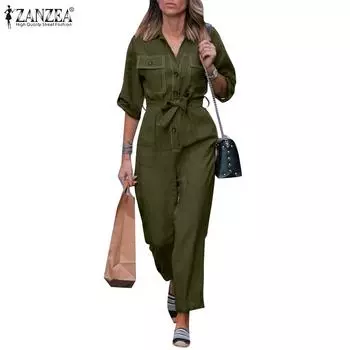 ZANZEA Женские повседневные длинные комбинезоны с отложным воротником и рукавами 3/4