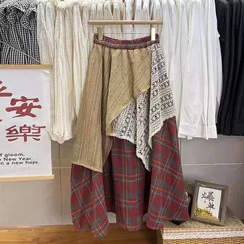 ZANZEA Женские повседневные длинные юбки с кружевной вставкой и принтом в клетку харадзюку 2XL красный