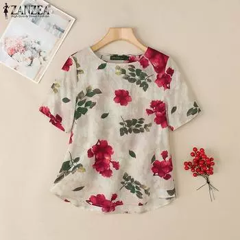 ZANZEA Женские повседневные футболки с цветочным принтом и круглым вырезом и коротким рукавом S вино красного