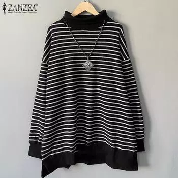 ZANZEA Женские повседневные футболки с длинным рукавом и полосками в полоску с полуворотником S чёрный