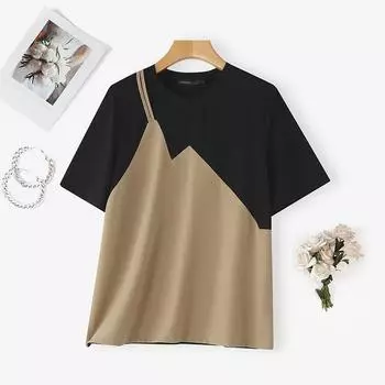 ZANZEA Женские повседневные футболки с коротким рукавом, пэчворк, имитация двух частей S хаки