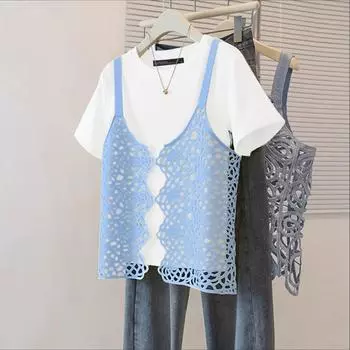 ZANZEA Женские повседневные футболки с круглым вырезом, летние, с коротким рукавом, с вязаным крючком пэчворком S