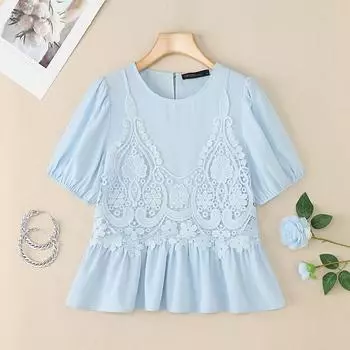 ZANZEA Женские повседневные футболки с круглым вырезом, летние, с коротким рукавом, с вязаным крючком пэчворком S синий