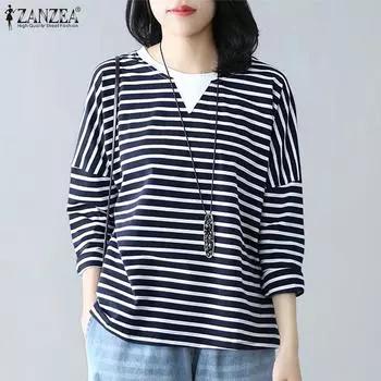 ZANZEA Женские повседневные свободные полосатые футболки с круглым вырезом и длинным рукавом S темно-синий
