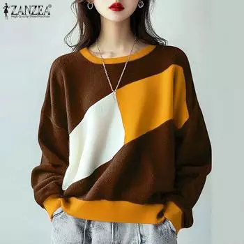 ZANZEA Женские повседневные футболки с круглым вырезом и длинным рукавом в стиле колор-блок S темно-синий