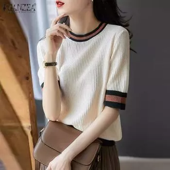 ZANZEA Женские повседневные футболки с круглым вырезом и коротким рукавом в контрастную полоску 2XL бежевый