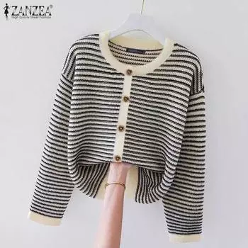 ZANZEA Женские повседневные футболки с круглым вырезом и длинным рукавом в полоску контрастного цвета S чёрный