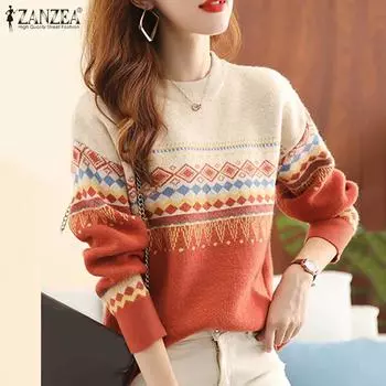 ZANZEA Женские повседневные футболки с круглым вырезом и длинным рукавом с принтом 2XL зелёный