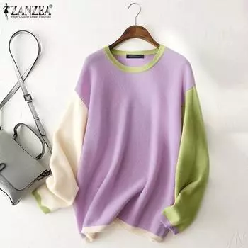 ZANZEA Женские повседневные футболки с круглым вырезом и длинным рукавом в стиле колор-блок S фиолетовый