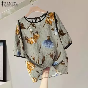 ZANZEA Женские повседневные футболки с круглым вырезом и коротким рукавом с принтом на лето S хаки