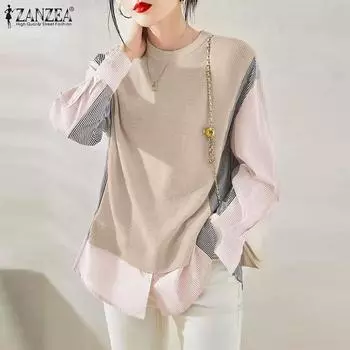 ZANZEA Женские повседневные футболки с круглым вырезом и длинным рукавом в полоску контрастного цвета в стиле пэчворк S хаки