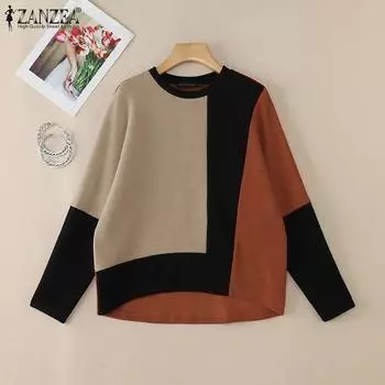 ZANZEA Женские повседневные футболки с круглым вырезом и длинным рукавом в стиле пэчворк S красный