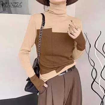 ZANZEA Женские повседневные футболки с высоким воротом и длинным рукавом в стиле пэчворк S синий