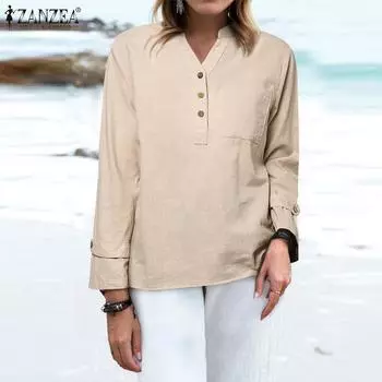 ZANZEA Женские повседневные хлопковые блузки с длинными рукавами и V-образным вырезом, простые карманы, рубашки 5XL зелёный