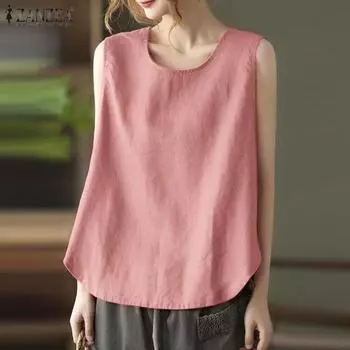 ZANZEA Женские повседневные хлопковые майки без рукавов с круглым вырезом 4XL зелёный