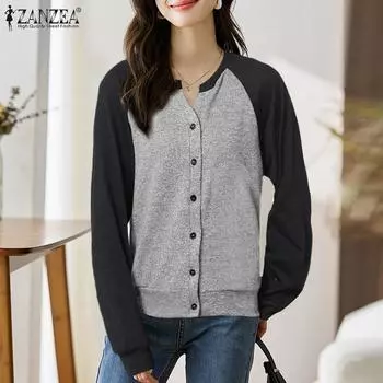 ZANZEA Женские повседневные кардиганы с длинным рукавом в стиле пэчворк Блузка S серый