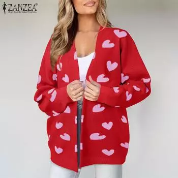 ZANZEA Женские повседневные кардиганы с длинным рукавом и принтом в виде сердца M розовый