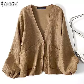 ZANZEA Женские повседневные кардиганы с v-образным вырезом и рукавами-фонариками, топы с морщинами L чёрный