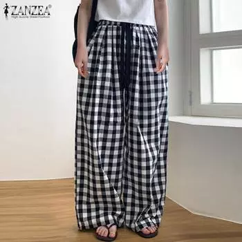 ZANZEA Женские повседневные клетчатые однотонные свободные пижамные брюки M зелёный