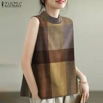 ZANZEA Женские повседневные клетчатые топы без рукавов с круглым вырезом S красный