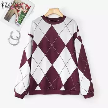 ZANZEA Женские повседневные клетчатые трикотажные футболки с круглым вырезом и длинным рукавом S чёрный