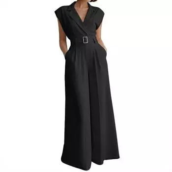 ZANZEA Женские повседневные комбинезоны без рукавов с отложным воротником, широкими штанинами и свободного кроя 2XL чёрный