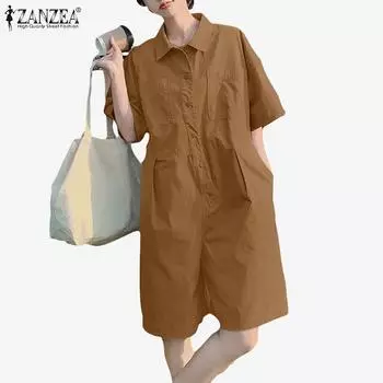 ZANZEA Женские повседневные комбинезоны с отложным воротником и короткими рукавами 4XL чёрный