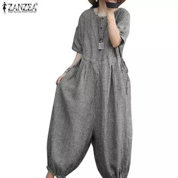 ZANZEA Женские повседневные комбинезоны в клетку с круглым вырезом и половиной рукавов Комбинезоны 5XL чёрный