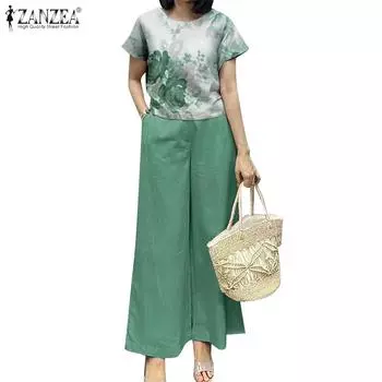 ZANZEA Женские повседневные комплекты из блузки и брюк с принтом из двух предметов L зелёный