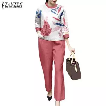 ZANZEA Женские повседневные комплекты из блузки и брюк с принтом из двух предметов XL темно-синий