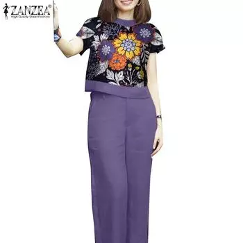 ZANZEA Женские повседневные комплекты из блузки и брюк с принтом из двух предметов 5XL синий