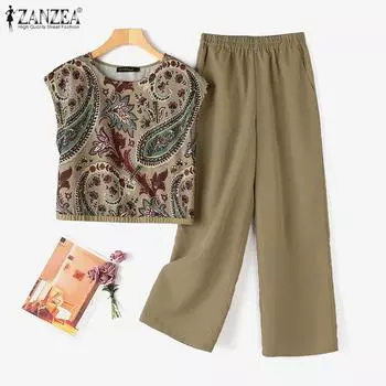 ZANZEA Женские повседневные комплекты из блузки и брюк с принтом из двух предметов 3XL чёрный