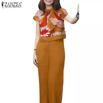 ZANZEA Женские повседневные комплекты из блузки и брюк с принтом из двух предметов 3XL чёрный