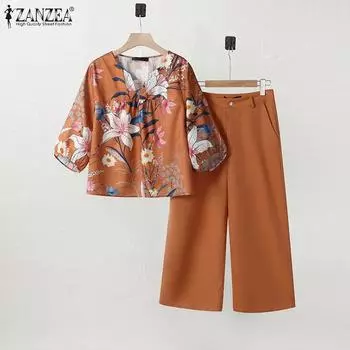 ZANZEA Женские повседневные комплекты из блузки и брюк с принтом из двух предметов S оранжевый