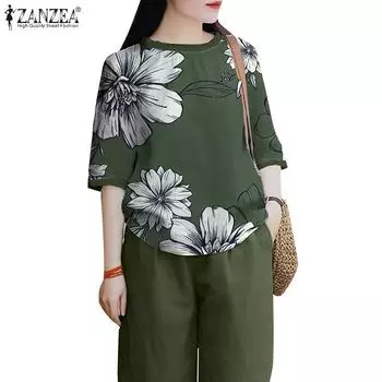 ZANZEA Женские повседневные комплекты из блузки и брюк с принтом из двух предметов