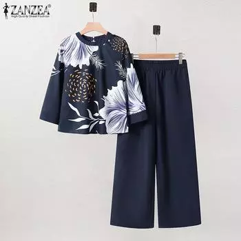 ZANZEA Женские повседневные комплекты из блузки и брюк с принтом из двух предметов S темно-синий