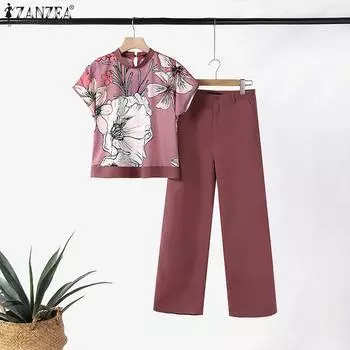 ZANZEA Женские повседневные комплекты из блузки и брюк с принтом из двух предметов 3XL зелёный