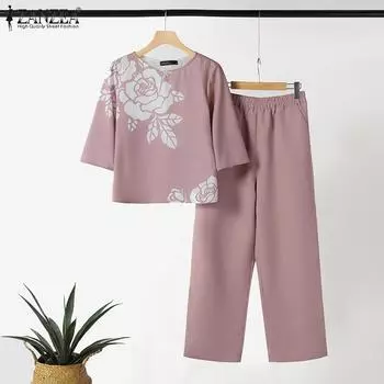 ZANZEA Женские повседневные комплекты из блузки и брюк с принтом из двух предметов 5XL жёлтый