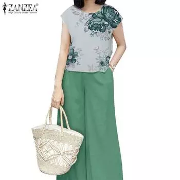 ZANZEA Женские повседневные комплекты из блузки и брюк с принтом из двух предметов 4XL зелёный
