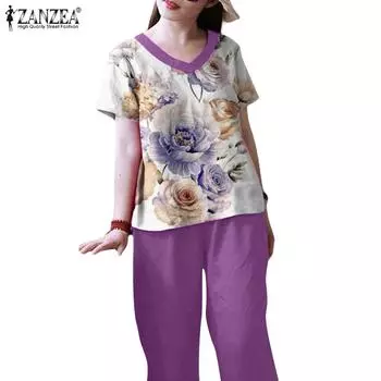 ZANZEA Женские повседневные комплекты из блузки и брюк с цветочным принтом из двух предметов 5XL жёлтый