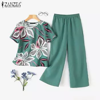 ZANZEA Женские повседневные комплекты из блузки и брюк с принтом из двух предметов 3XL чёрный