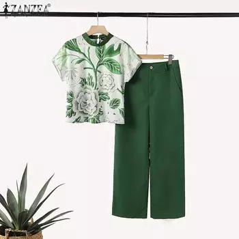 ZANZEA Женские повседневные комплекты из блузки и брюк с принтом из двух предметов 5XL зелёный