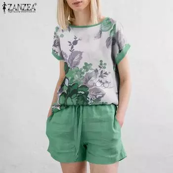 ZANZEA Женские повседневные комплекты из блузки и шорт с принтом из двух предметов 4XL зелёный