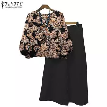 ZANZEA Женские повседневные комплекты из блузки и брюк с принтом из двух предметов 2XL чёрный