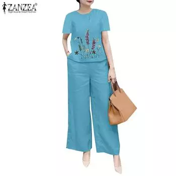 ZANZEA Женские повседневные комплекты из блузки и брюк с принтом из двух предметов 4XL бежевый